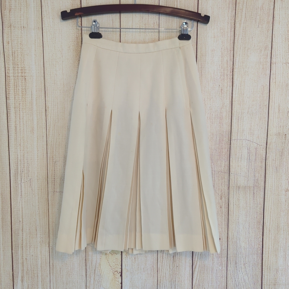 Vintage 80s Ivory 100% Worsted Wool Pleated  Skirt  USA Made 6 Academia Preppy